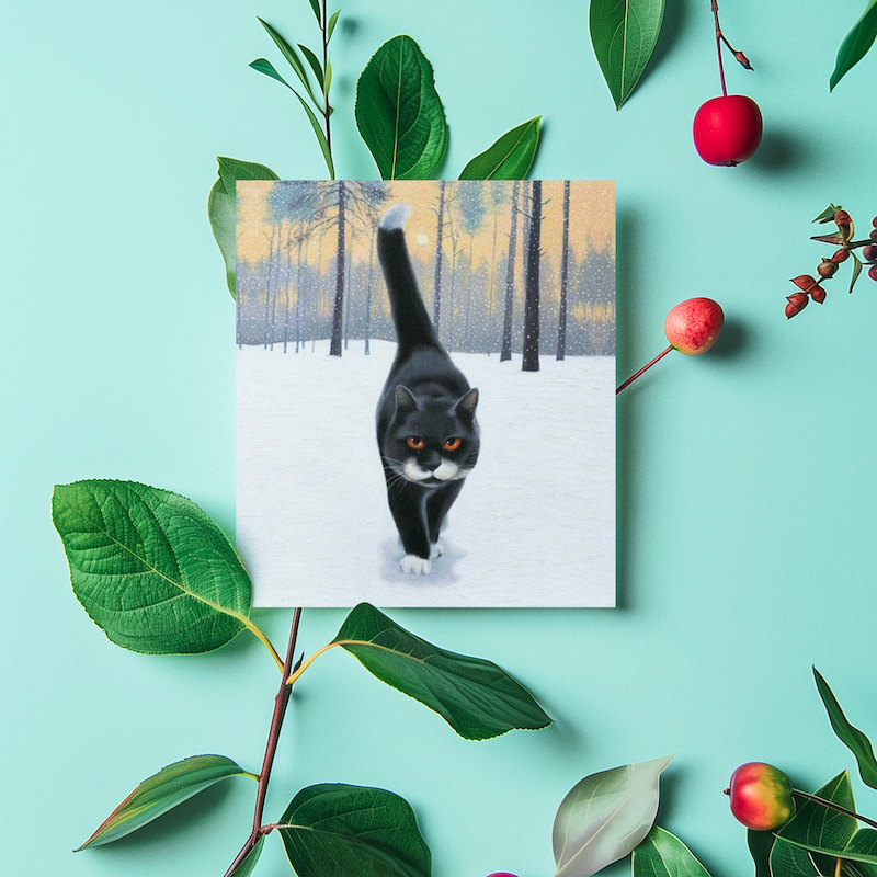 'A Walk in the Park' Black Cat Christmas Greeting Card by Vicky Mount