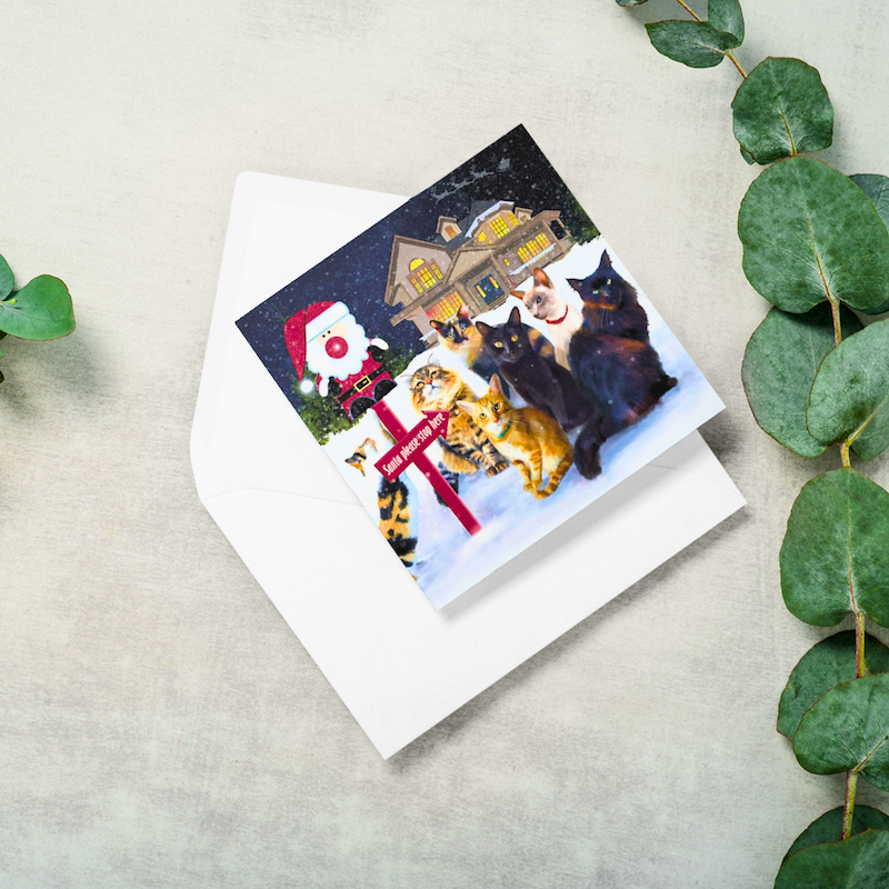 'This Way Santa' Christmas Cat Greeting Card