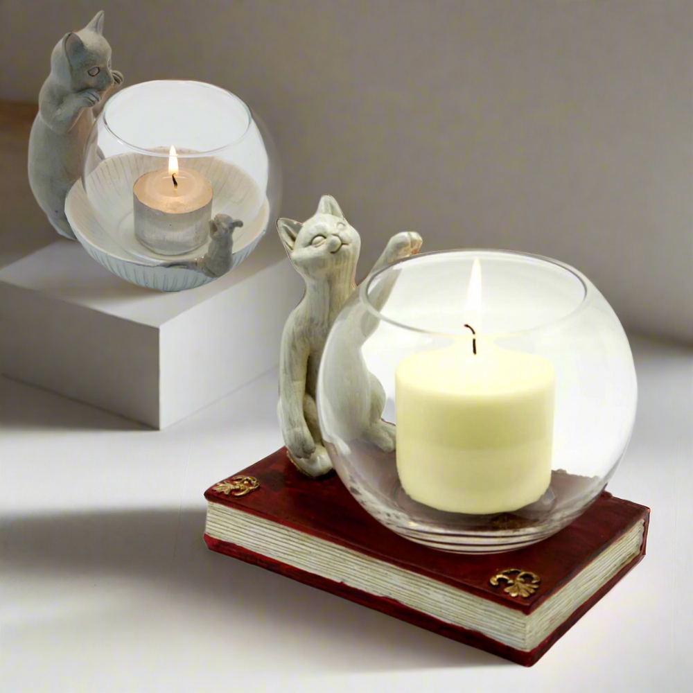 Cat and Mouse Tea Light Holder and Cat and Book Candle Holder - Gift Set