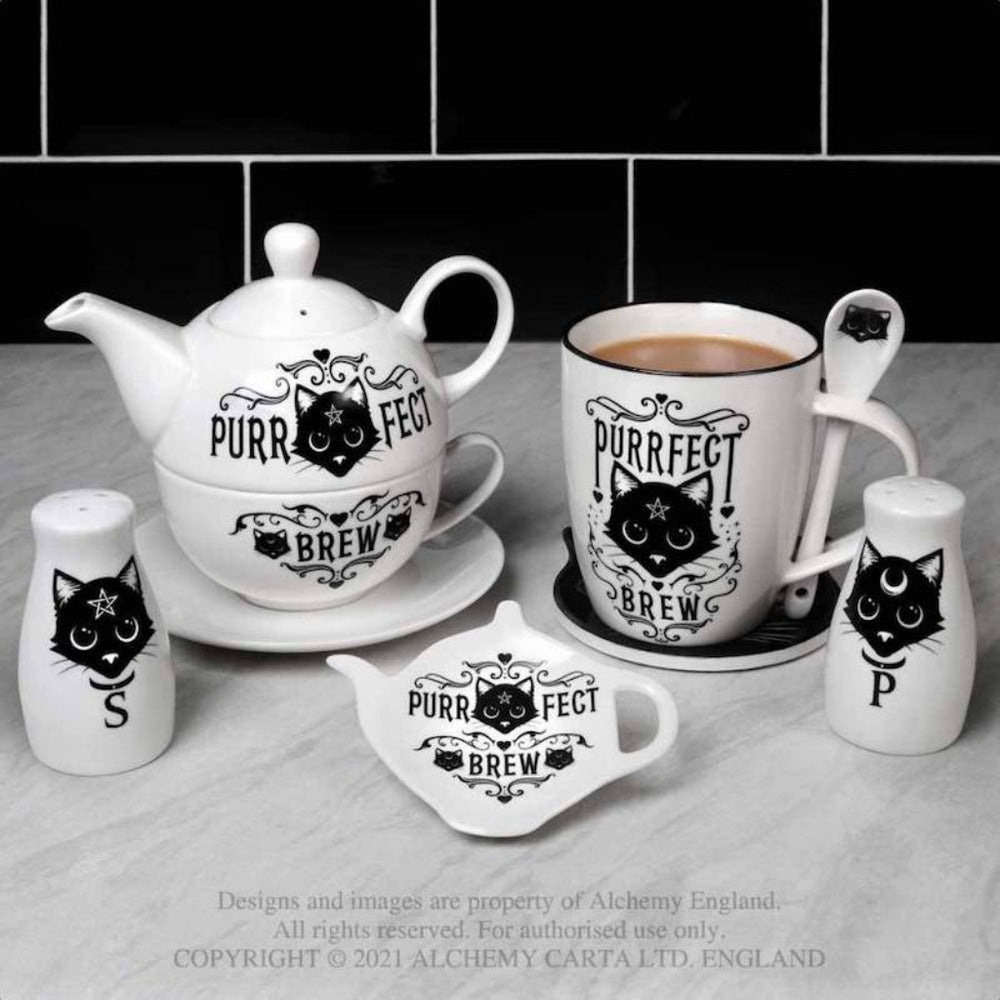 Alchemy Fine Bone China Black and White Cat Gothic Salt and Pepper Set