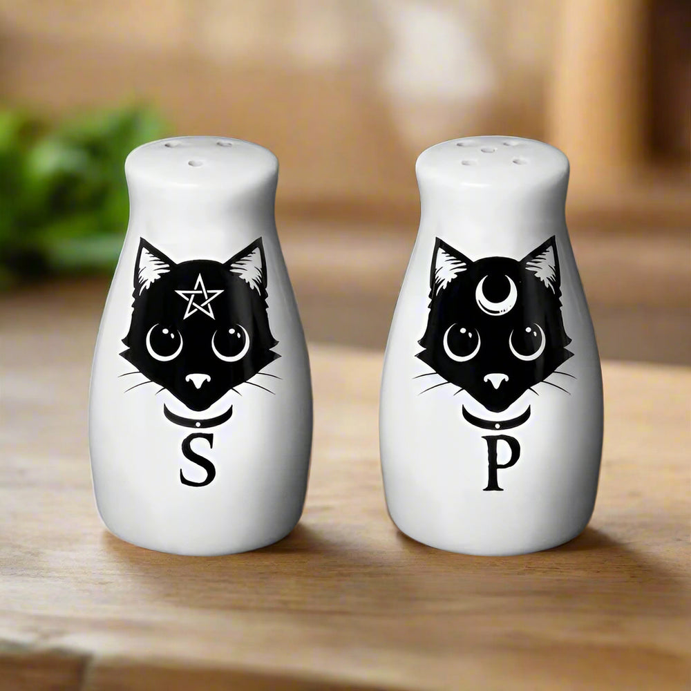 Alchemy Fine Bone China Black and White Cat Gothic Salt and Pepper Set