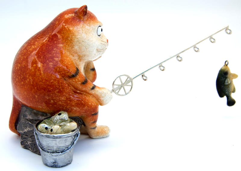 Ginger Fat Cat Waiting for Fish Ceramic Ornament