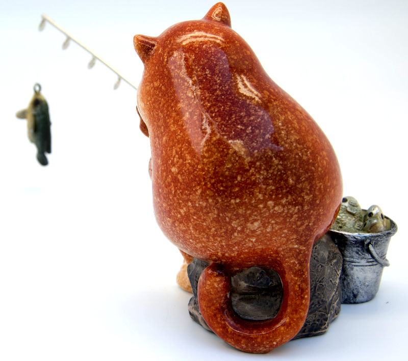 Ginger Fat Cat Waiting for Fish Ceramic Ornament