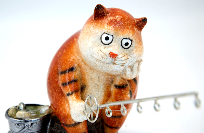 Ginger Fat Cat Waiting for Fish Ceramic Ornament