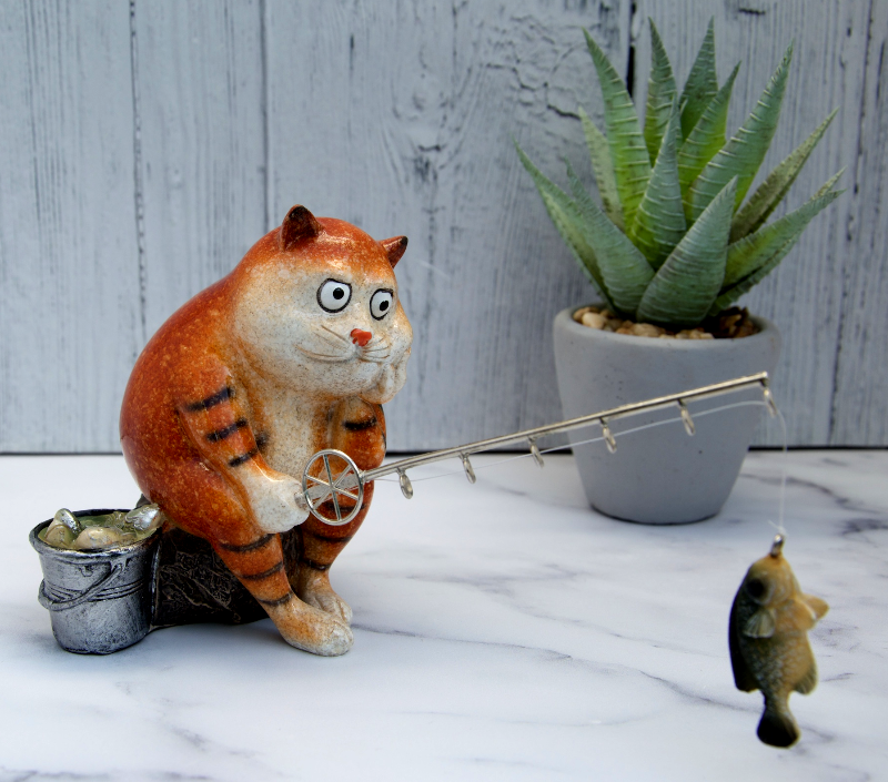 Ginger Fat Cat Waiting for Fish Ceramic Ornament