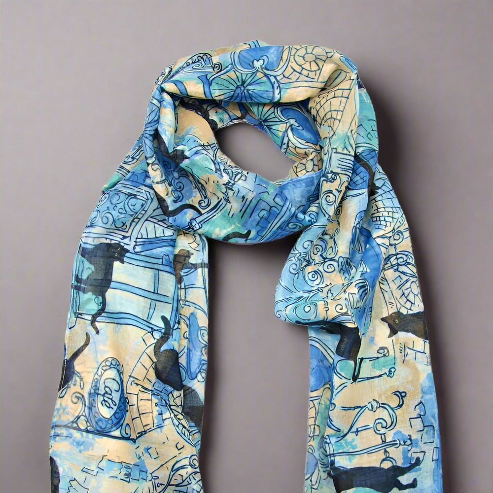 Blue & Yellow Cafe Cats Scarf