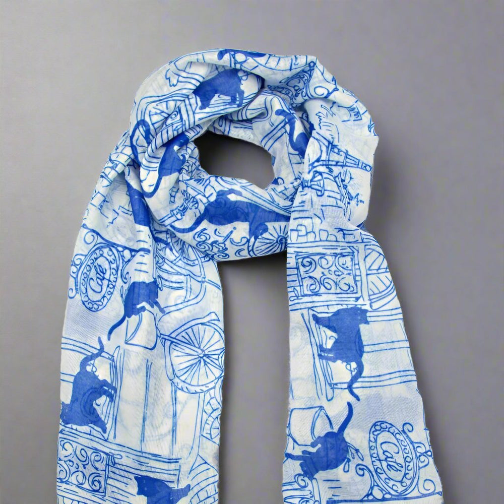 Blue & White Cafe Cats Scarf