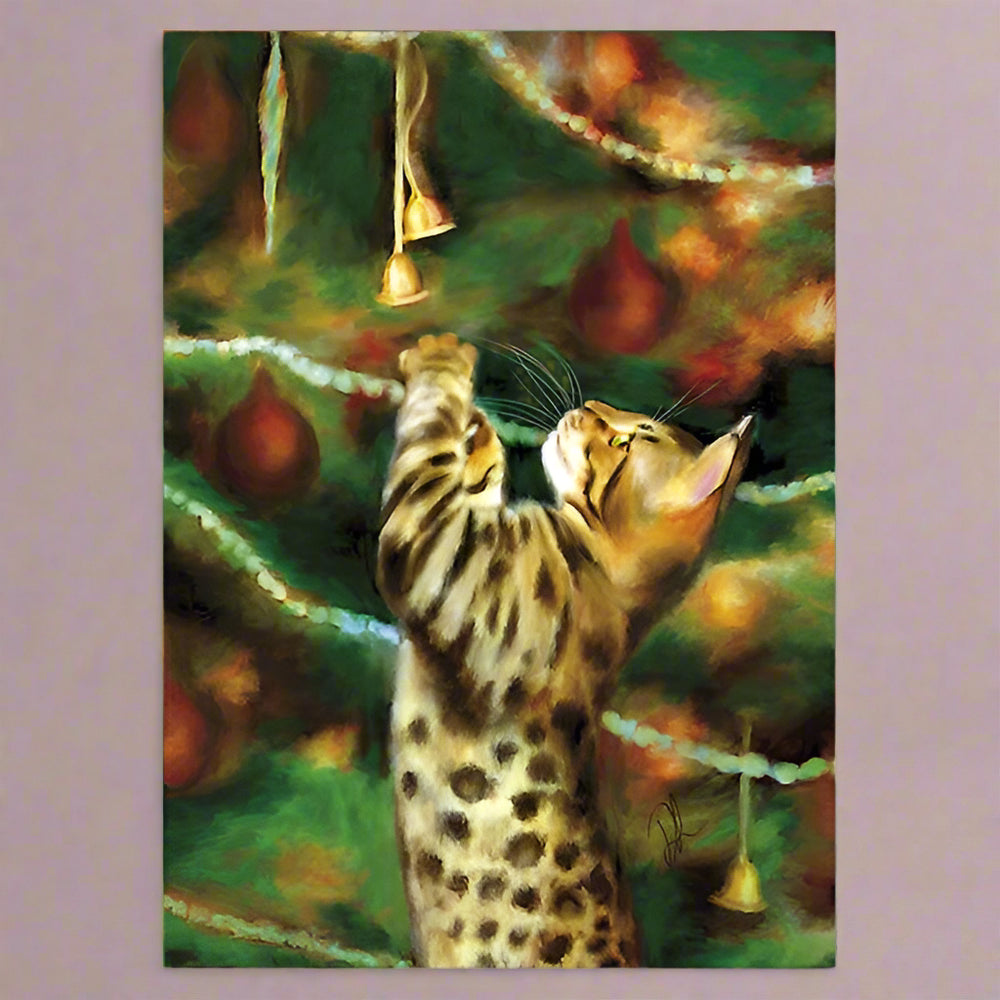 Denise Laurent Christmas Cat Greeting Card 'The Bell Ringer' Christmas Cat Greeting Card